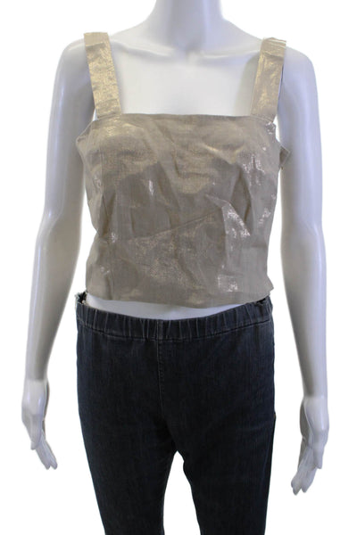 Marella Women Cropped Tank Beige Linen Square Neck Zip Closure Size 6