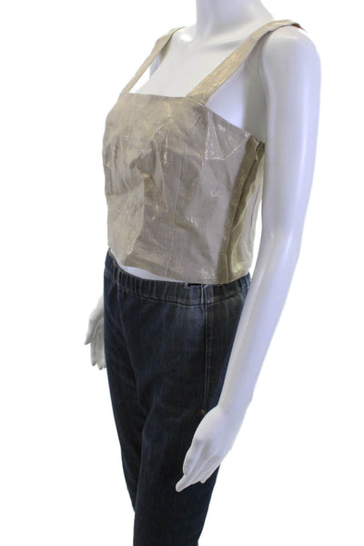 Marella Women Cropped Tank Beige Linen Square Neck Zip Closure Size 6