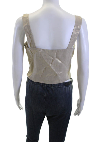 Marella Women Cropped Tank Beige Linen Square Neck Zip Closure Size 6
