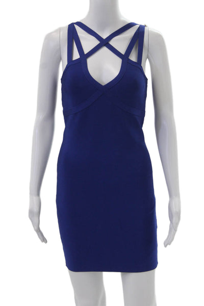 Bebe Women Bodycon Mini Dress Blue V-Neck Sleeveless Rayon Zip Size 26