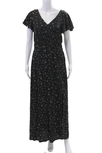 Able Women Maxi Wrap Dress Black Floral V-Neck Short Sleeve Viscose Size M