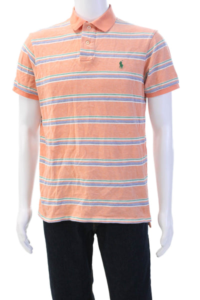 Polo Ralph Lauren Mens Short Sleeve Collared Striped Cotton Polo Orange Size L