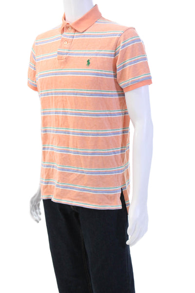 Polo Ralph Lauren Mens Short Sleeve Collared Striped Cotton Polo Orange Size L