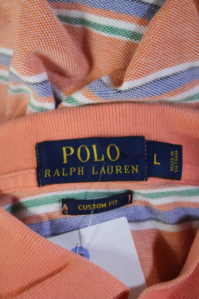 Polo Ralph Lauren Mens Short Sleeve Collared Striped Cotton Polo Orange Size L