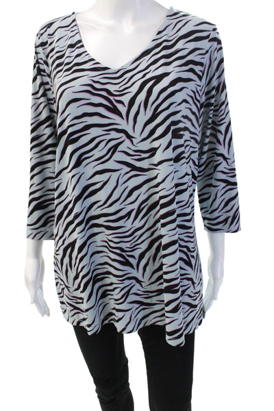 Iman Women Tunic Blouse Black Animal Print V-Neck 3/4 Sleeve Size L