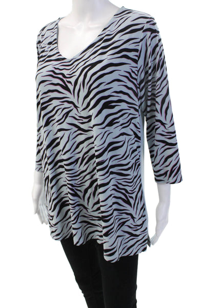Iman Women Tunic Blouse Black Animal Print V-Neck 3/4 Sleeve Size L
