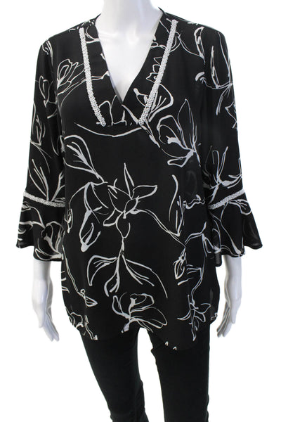 Karl Lagerfeld Women Black Floral V-Neck Tunic Blouse 3/4 Sleeve Size L