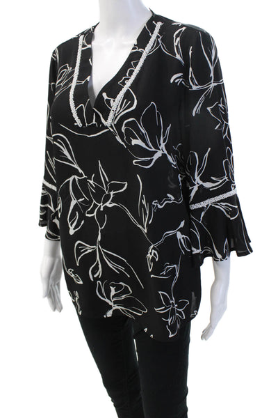 Karl Lagerfeld Women Black Floral V-Neck Tunic Blouse 3/4 Sleeve Size L