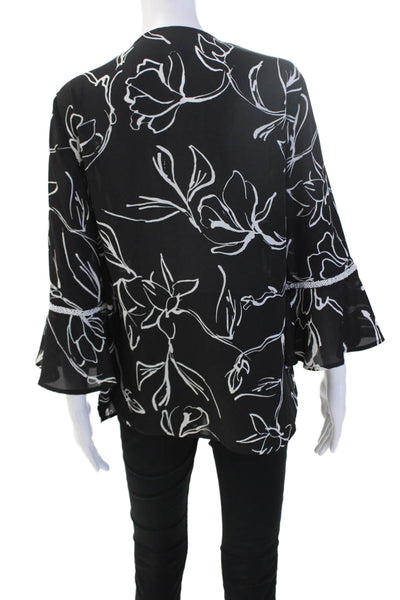Karl Lagerfeld Women Black Floral V-Neck Tunic Blouse 3/4 Sleeve Size L