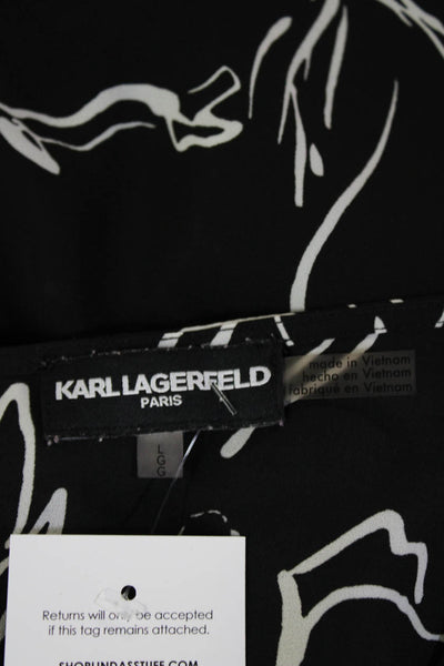 Karl Lagerfeld Women Black Floral V-Neck Tunic Blouse 3/4 Sleeve Size L