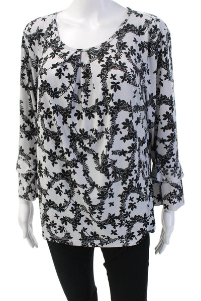 Karl Lagerfeld Womens Tunic Blouse Black Floral Long Sleeve Round Neck Size L
