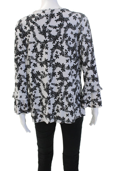 Karl Lagerfeld Womens Tunic Blouse Black Floral Long Sleeve Round Neck Size L
