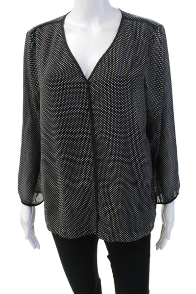 DKNY Womens Black Polka Dot V-Neck Long Sleeve Basic Blouse Size L