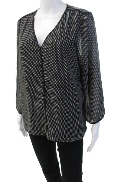 DKNY Womens Black Polka Dot V-Neck Long Sleeve Basic Blouse Size L