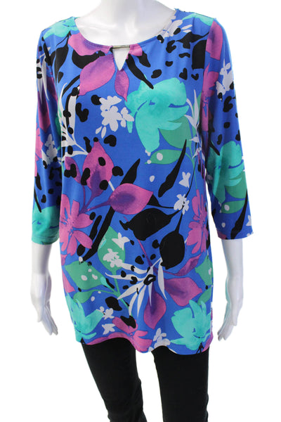 Iman Women Black Floral Tunic Blouse 3/4 Sleeve Round Neck Size M
