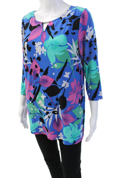 Iman Women Black Floral Tunic Blouse 3/4 Sleeve Round Neck Size M