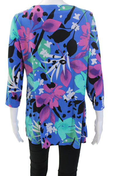 Iman Women Black Floral Tunic Blouse 3/4 Sleeve Round Neck Size M