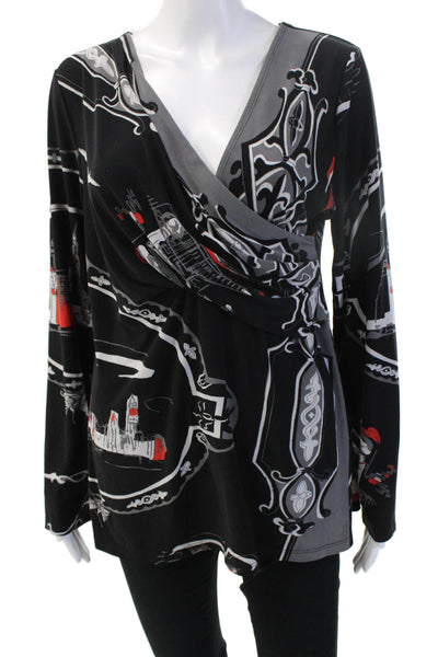 DKNY Women Tunic Blouse Black V-Neck Long Sleeve Graphic Print Size L