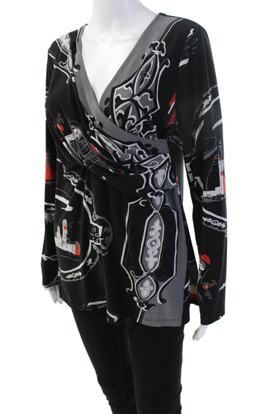 DKNY Women Tunic Blouse Black V-Neck Long Sleeve Graphic Print Size L