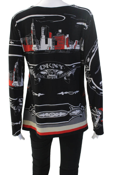 DKNY Women Tunic Blouse Black V-Neck Long Sleeve Graphic Print Size L