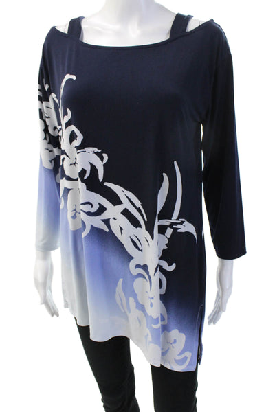 JM Collection Women Dark Blue Floral Tunic Blouse 3/4 Sleeve Round Neck Size M