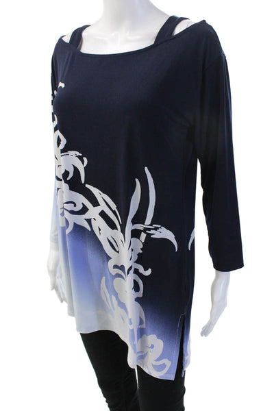 JM Collection Women Dark Blue Floral Tunic Blouse 3/4 Sleeve Round Neck Size M