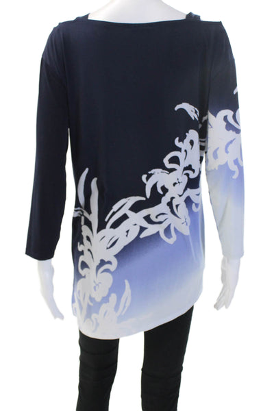 JM Collection Women Dark Blue Floral Tunic Blouse 3/4 Sleeve Round Neck Size M