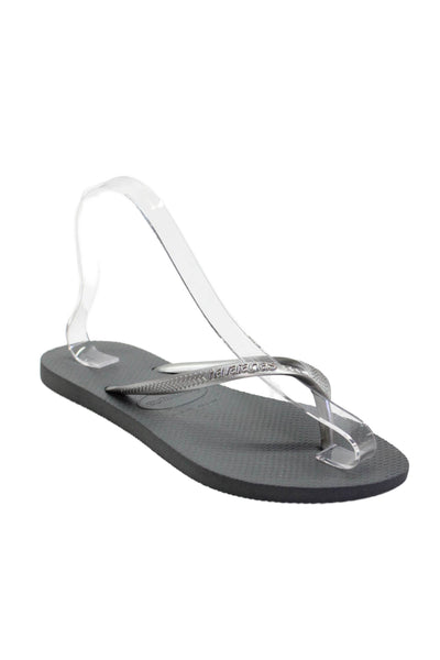 Havaianas Womens Metallic Logo Rubber T Strap Sandals Silver Tone Size 37-38