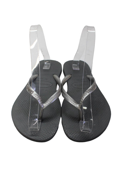 Havaianas Womens Metallic Logo Rubber T Strap Sandals Silver Tone Size 37-38