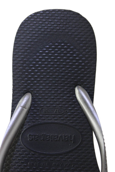 Havaianas Womens Metallic Logo Rubber T Strap Sandals Silver Tone Size 37-38