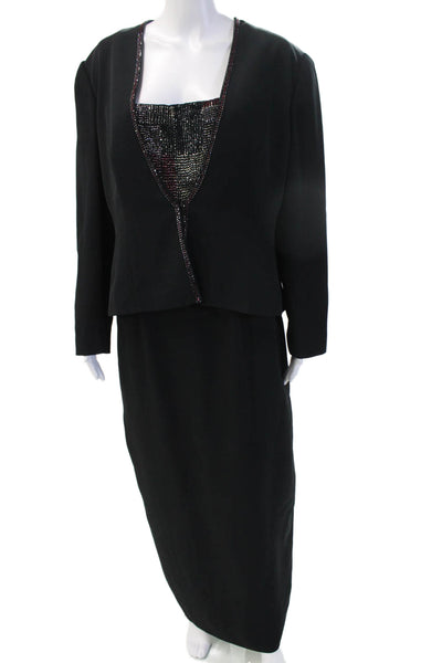 Daymor Women Black Jacket Dress Maxi V-Neck Long Sleeve Zip Size 14