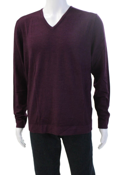 Raffi Mens Purple Merino Wool V-Neck Pullover Sweater Designer Size L