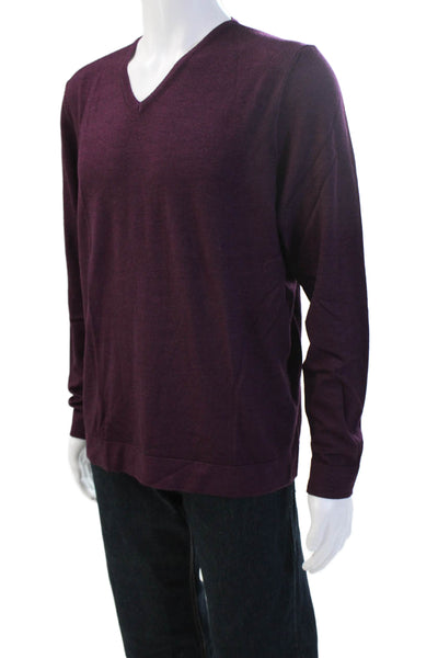 Raffi Mens Purple Merino Wool V-Neck Pullover Sweater Designer Size L