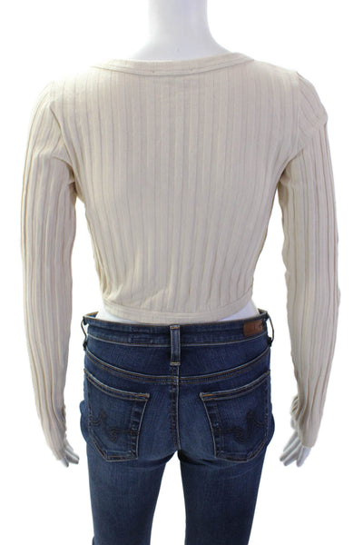 Cotton Citizen Womens Cardigan Striped V-Neck Button Long Sleeve Beige Size S