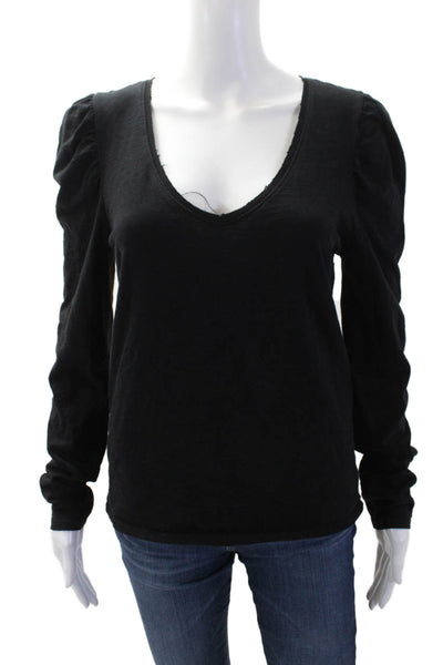 Nation LTD Women Basic V-Neck Black Long Sleeve T-Shirt 100% Cotton Size M