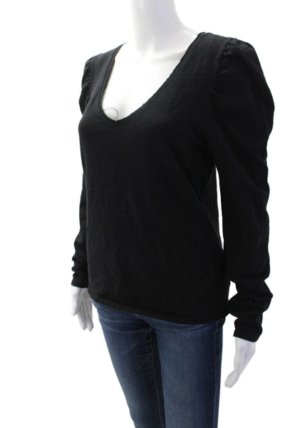 Nation LTD Women Basic V-Neck Black Long Sleeve T-Shirt 100% Cotton Size M