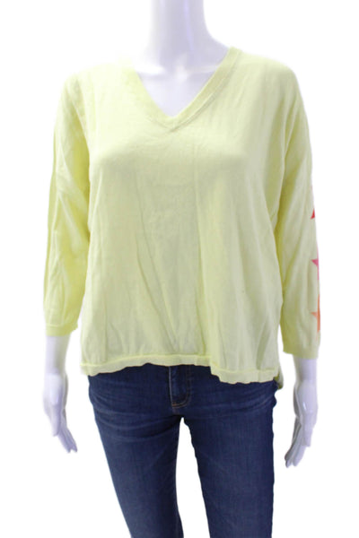 Whisper By Brodie Women Yellow V-Neck Stars Top Cotton Longsleeve Size M