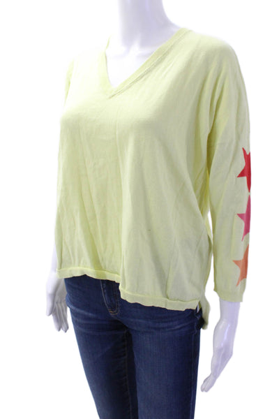 Whisper By Brodie Women Yellow V-Neck Stars Top Cotton Longsleeve Size M