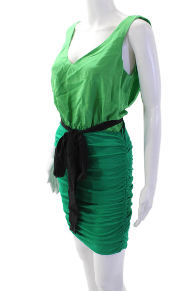 Jay Godfrey, Women Blouson Bodycon Silk V-Neck Green Dress Size 2