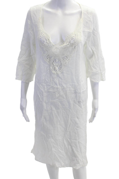 Eberjey Womens Cotton Sheer Lace Trim Sleepwear Dress White Size S/M