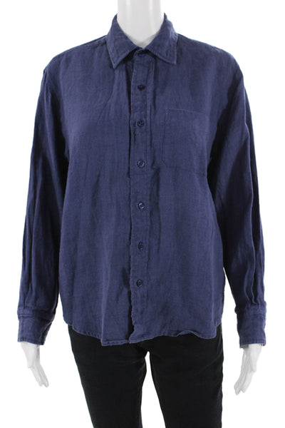 Frances Valentine Mens Point Collar Button-Up Long Sleeve Blue Linen Size L