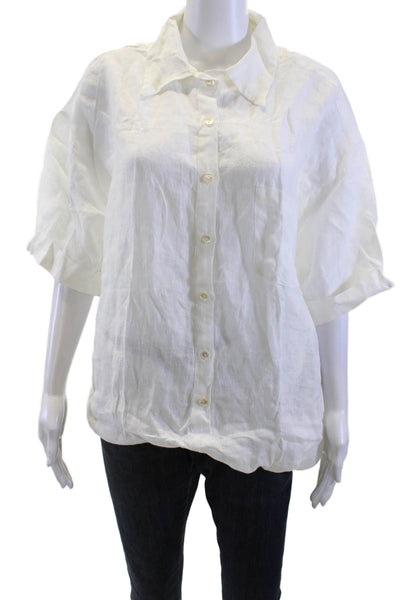 Vitamin A Women White Linen Collared Short Sleeve Button-Up Top Basic Size L