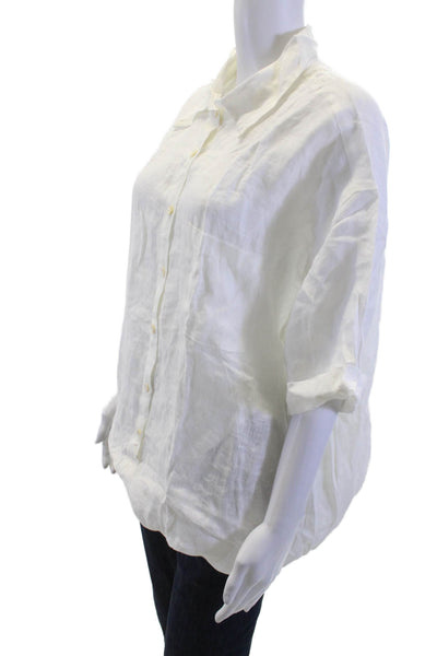 Vitamin A Women White Linen Collared Short Sleeve Button-Up Top Basic Size L