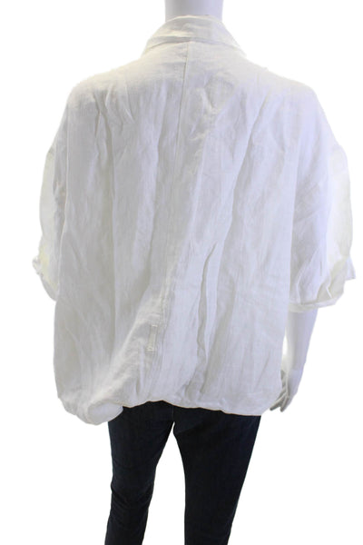 Vitamin A Women White Linen Collared Short Sleeve Button-Up Top Basic Size L