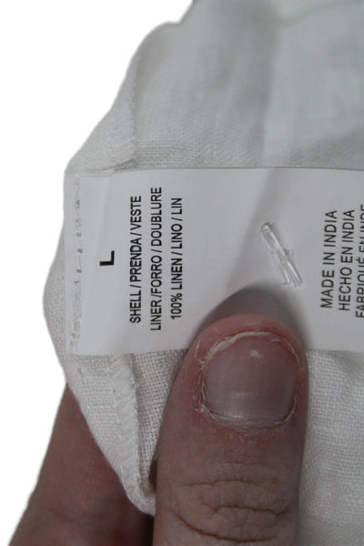 Vitamin A Women White Linen Collared Short Sleeve Button-Up Top Basic Size L
