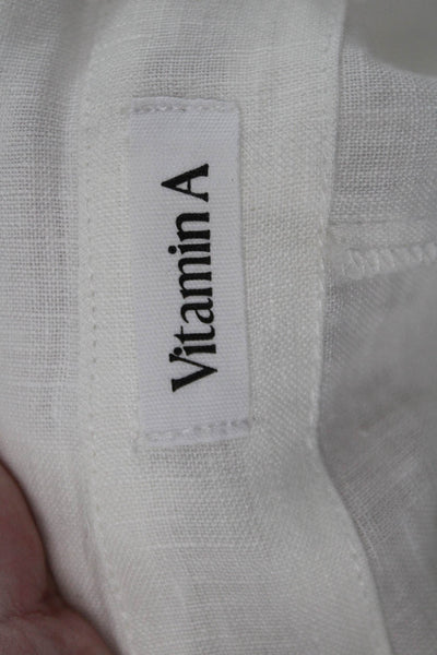 Vitamin A Women White Linen Collared Short Sleeve Button-Up Top Basic Size L
