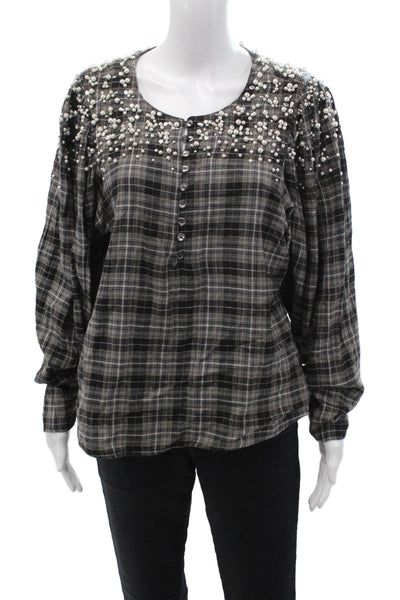 Akemi Kin Women Bohemian Black Button Blouse Long Sleeve Size L