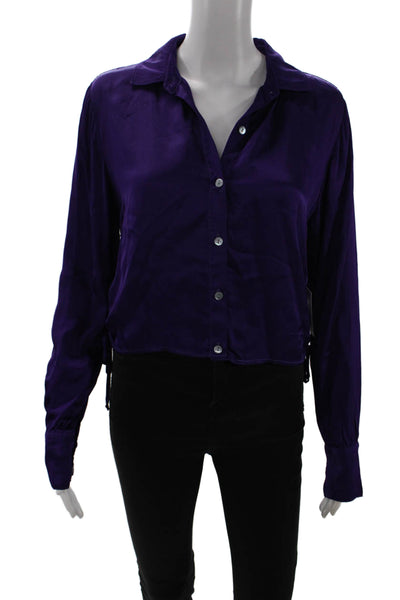 Bella Dahl Women Cropped Collared Button-Up Long Sleeve Purple Top Size M