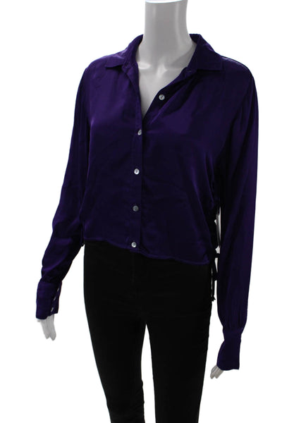 Bella Dahl Women Cropped Collared Button-Up Long Sleeve Purple Top Size M