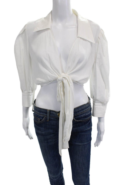 Pinko, Women Cropped Collared Long Sleeve White Designer Blouse Size S
